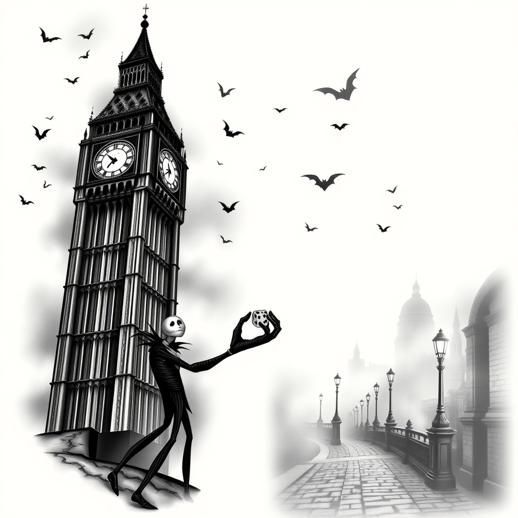 A tattoo design of 1. Big Ben (Shoulder)  Rendered in intricate black and grey with detailed architecture.  Clock set to 10:23.  Looming against a misty, clouded night sky with scattered bats flying by.  Use subtle shadowing to give it a towering, eerie vibe, Jack Skellington & Oogie Boogie with dice in one hand.  Incorporate faint swirls or smoke to blend his form with the surrounding shadows. lower Arm/Wrist  London cobblestone street fading into fog with footprints or skeletal handprints.  Lamp posts glowing faintly in the distance.  Possibly integrate bats or wisps flowing down toward the wrist. Use High contrast shading to dramatize the night atmosphere.  Textural contrasts (brick, fog, burlap, bones) to keep it visually engaging across the sleeve. in the style of realistic. - london cityscape tattoo design generated by AI tattoo generator