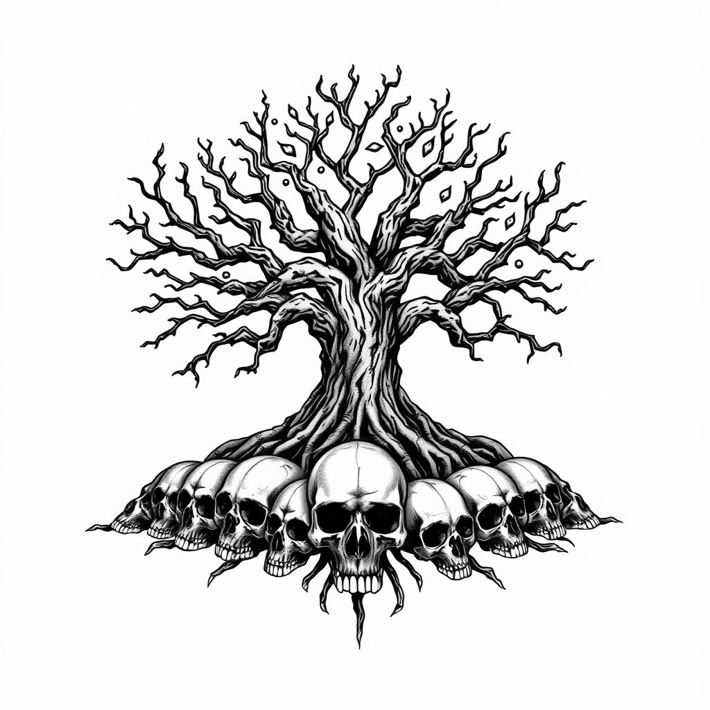 A tattoo design of Huge Yggdrasil growing from a pile of 10 skulls in the style of blackwork. - mythology tree tattoo design generated by AI tattoo generator