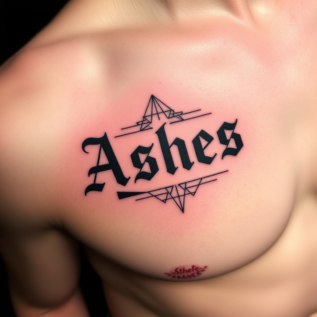 A tattoo design of Words "Ashes 222 Ashes" on left pectoralis in the style of geometric. - text tattoo tattoo design generated by AI tattoo generator