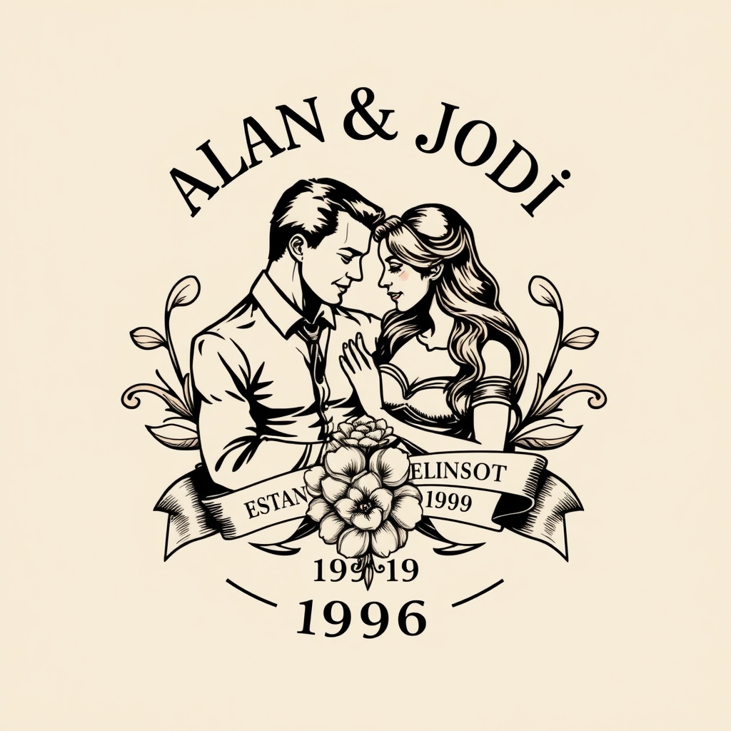 A tattoo design of Alan & Jodi established 1996 in the style of realistic. - anniversary tattoo design generated by AI tattoo generator