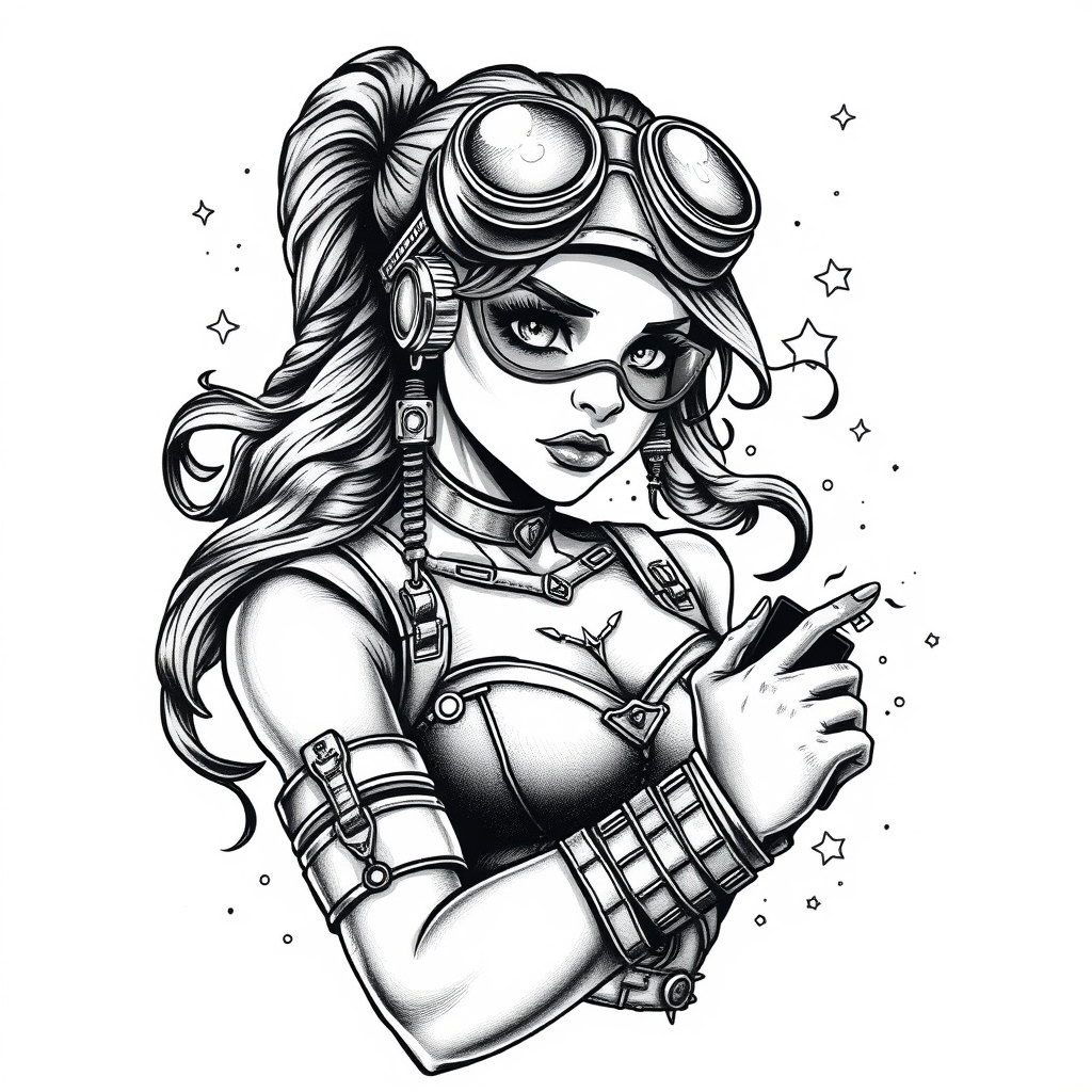 A tattoo design of Steampunk superhero girl who is tuff in the style of surrealistic. - steampunk superhero tattoo design generated by AI tattoo generator