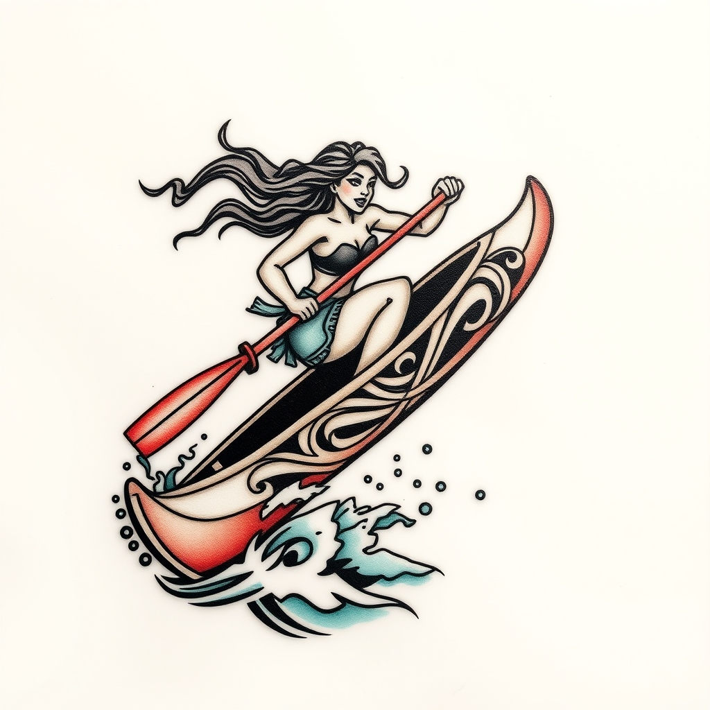 A tattoo design of A strong woman leaping off a canoe into water in the style of tribal. - water sports tattoo design generated by AI tattoo generator