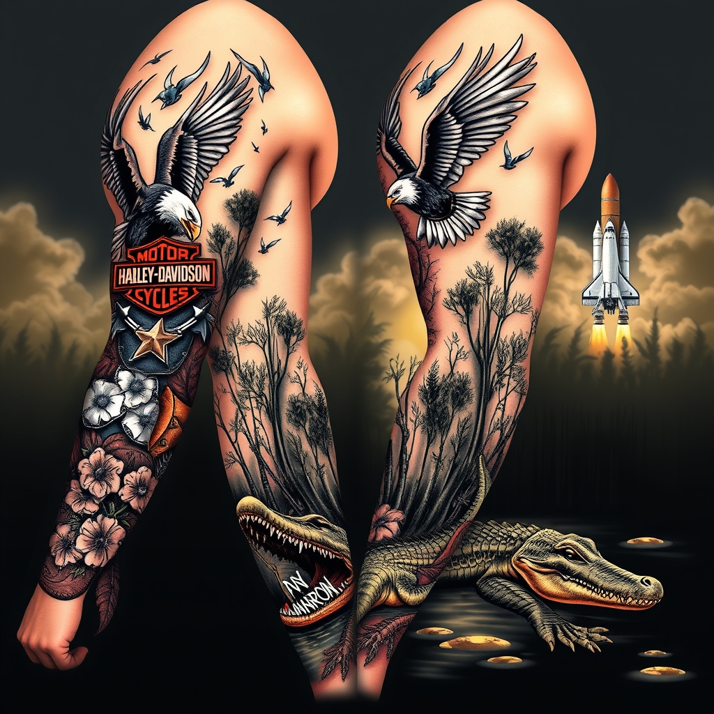 A tattoo design of Right arm full sleeve with the upper containing Harley Davidson theme with eagles mixed with the lower of Florida cypress swamp theme with alligator and space shuttle launch in the background in the style of realistic. - motorcycle travel tattoo design generated by AI tattoo generator