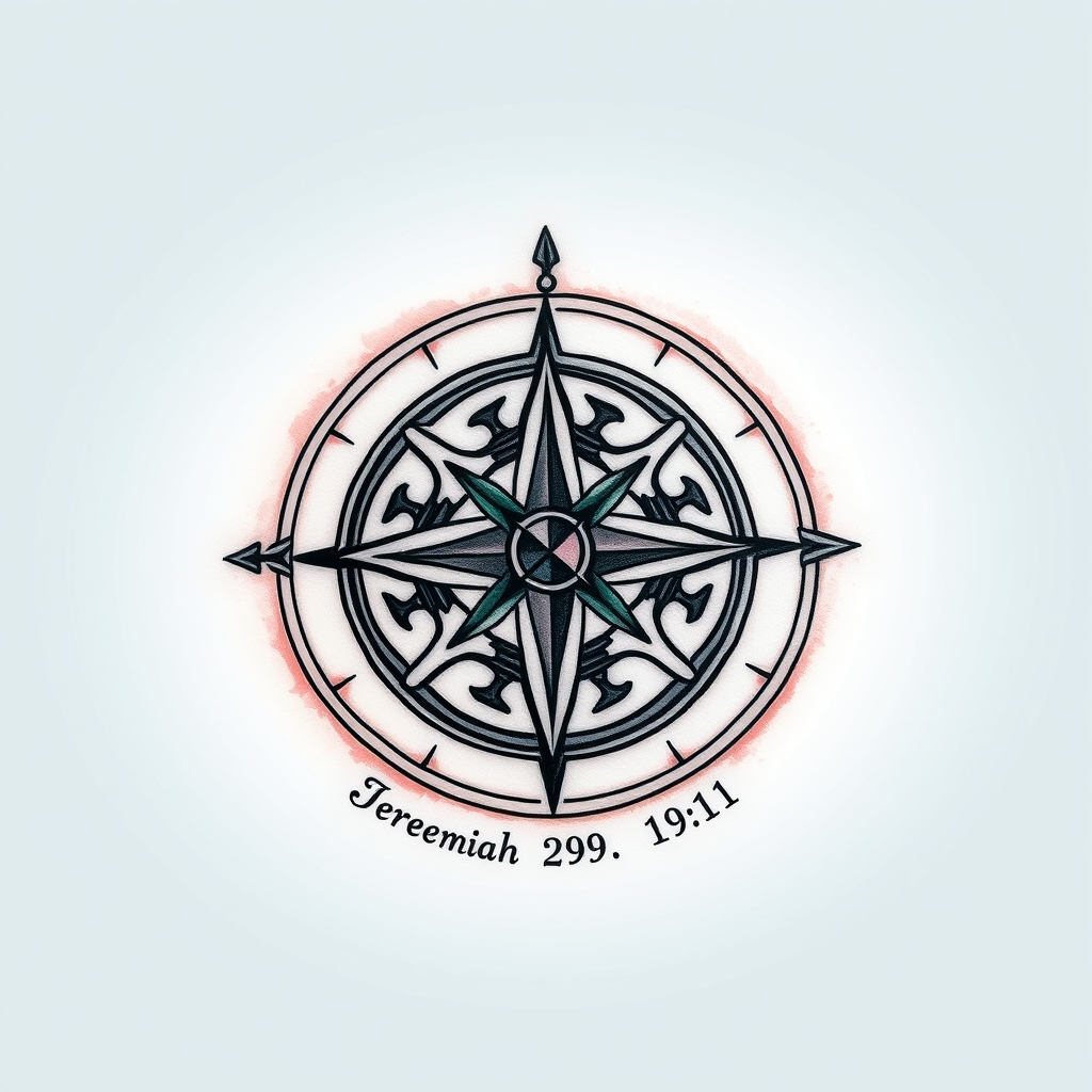 A tattoo design of Sure — here's a text-based symbolic code that describes your tattoo in layers. Tattoo artists often appreciate having bomale Tattoo Design: Gaelic + Danish + Australian + Faith  [Core Symbols] - Celtic Knot (Trinity or Shield Knot): Gaelic heritage, eternity, unity - Vegvísir (Viking Compass): Danish/Nordic ancestry, guidance, resilience - Southern Cross: Australian connection, Southern Hemisphere identity  [Spiritual Element] - Jeremiah 29:11: Faith, divine guidance, hope   → Placement: Curved under design or encircling as outer ring  [Color/Style] - Linework: Fine black lines, clean and detailed - Watercolour Accent:   - Red & White (Danish flag tones)   - Green-Blue (Gaelic landscape/sea)   - Navy Blue (Southern Cross, subtle night-sky backdrop)  [Composition/Style] - Symmetrical circular layout - Central knot + compass layered as one form - Stars positioned in upper-right or embedded into compass - Script font (elegant or handwritten) for verse - Shoulder or upper arm, palm-sized  [Optional Enhancements] - Ogham script or Nordic rune subtly worked into border - Faint compass directions (N, S, E, W) around Vegvísir   ---  🛠️ For a Tattoo Artist  You can show this code to your tattoo artist along with the sketch. Let them know:  Placement (upper arm)  Size (palm-sized)  Watercolour style preference  Any personal touch (e.g., family name in Ogham or rune)   Would you like me to generate a final version with more clarity and cleaner lines for tattooing, or export this as a printable reference? in the style of tribal. - cultural heritage symbols tattoo design generated by AI tattoo generator
