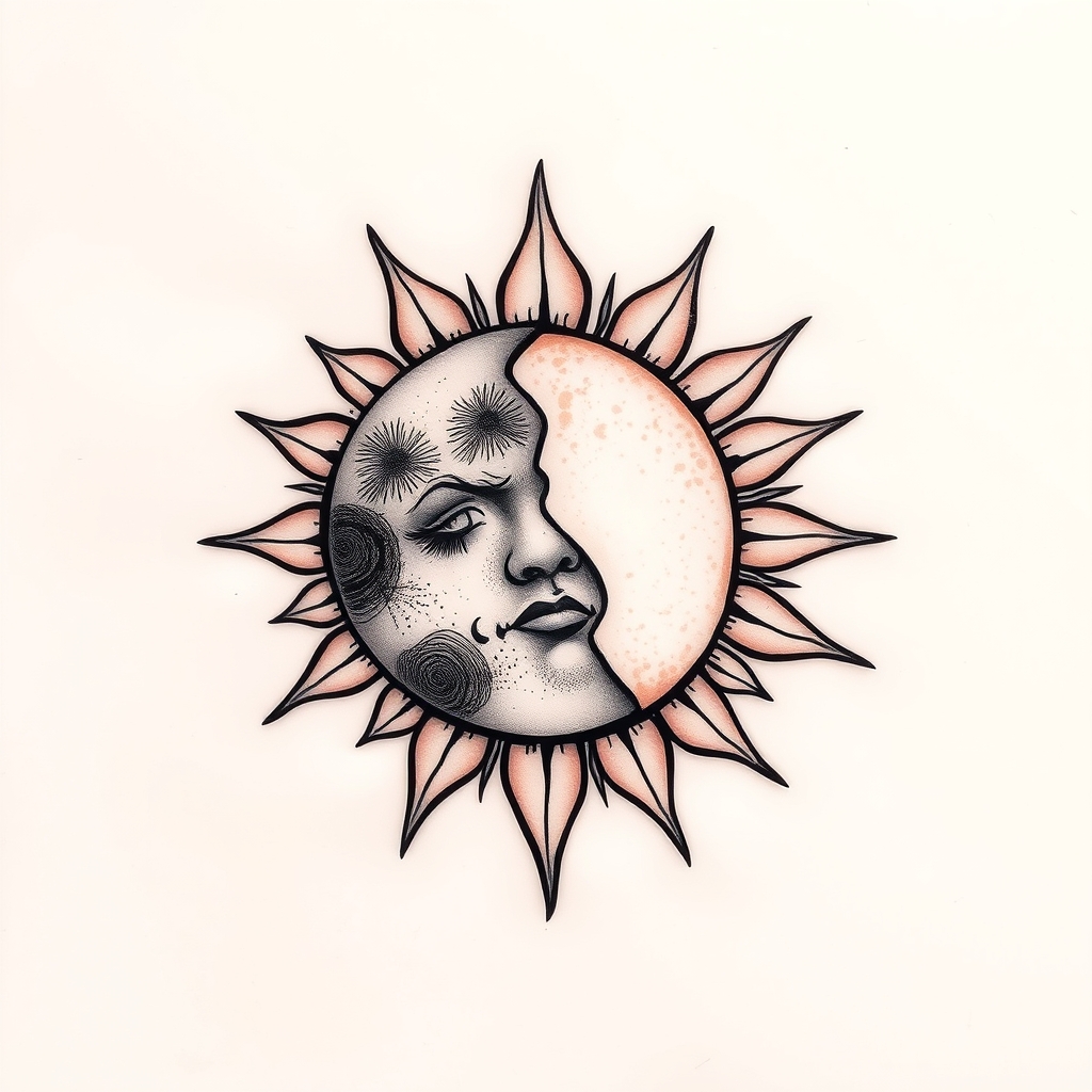 A tattoo design of Moon and Sun  in the style of traditional. - celestial bodies tattoo design generated by AI tattoo generator