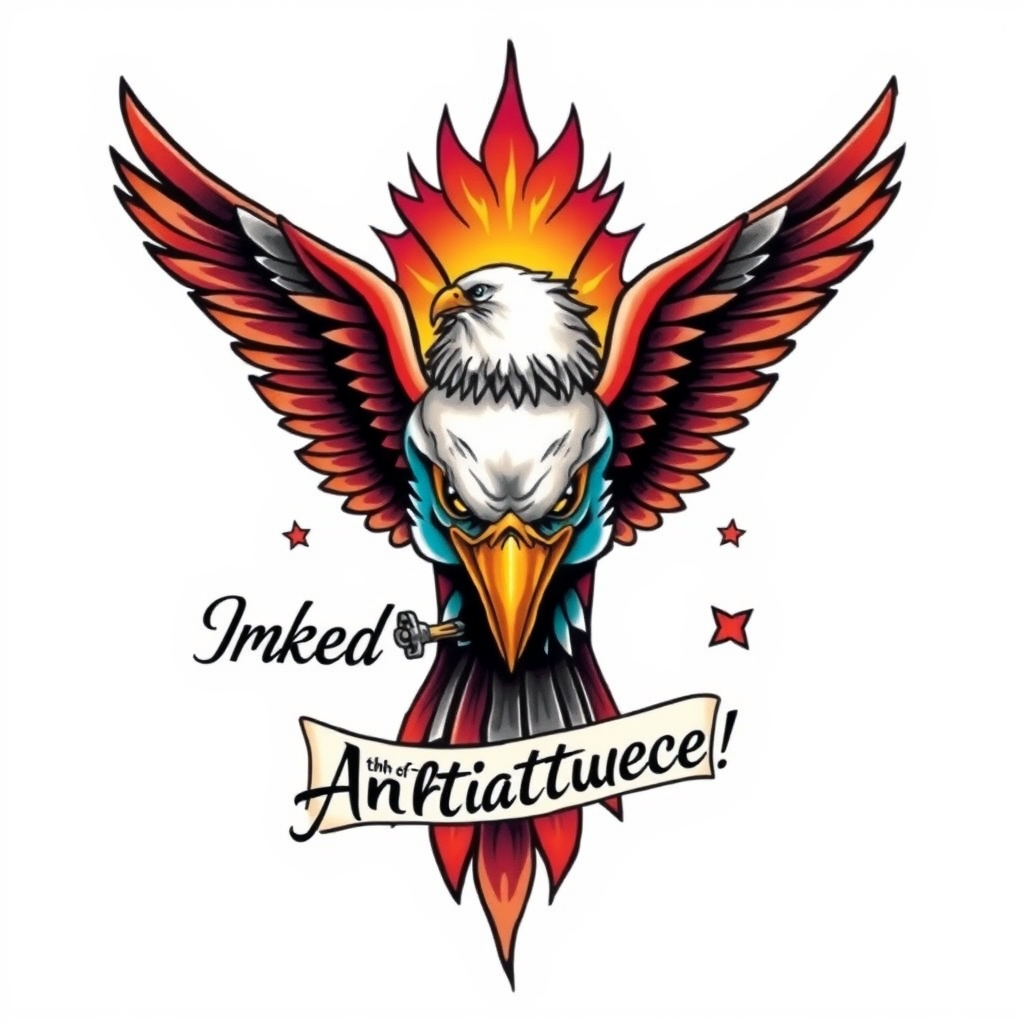 A tattoo design of create an image of a wicked colorful eagle with the phrase "Inked with Attitude!" included in a traditional sailor jerry tattoo style in the style of traditional. - eagle tattoo tattoo design generated by AI tattoo generator