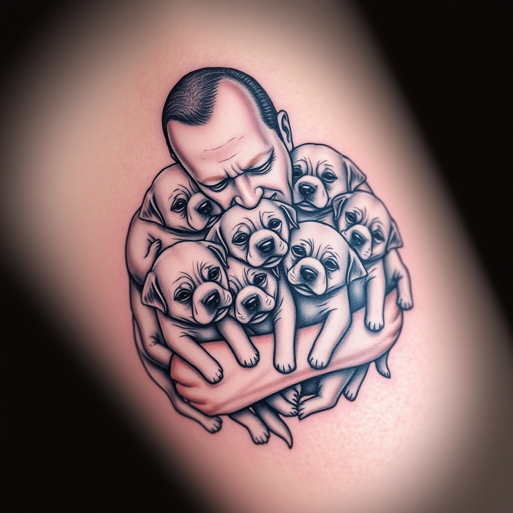 A tattoo design of Seven puppies playing with one man in the style of realistic. - animals tattoo design generated by AI tattoo generator