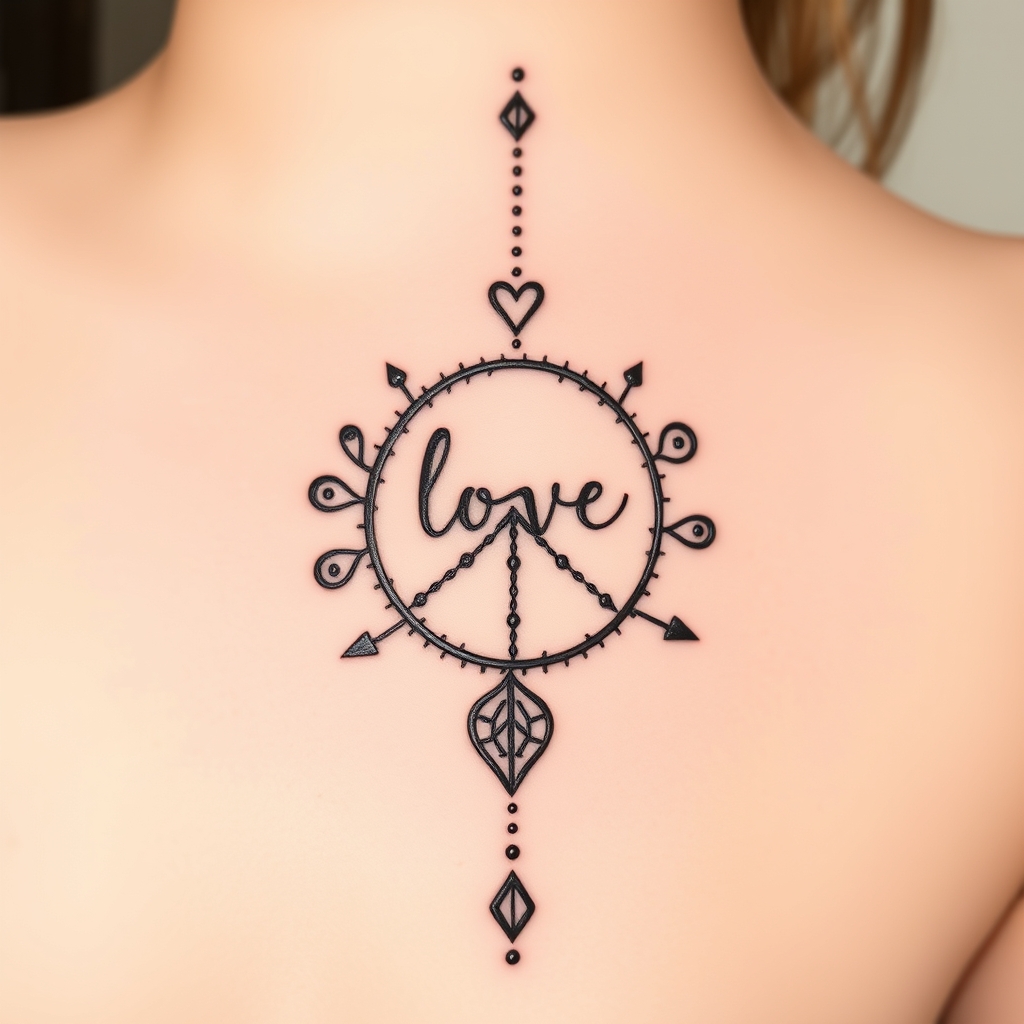 A tattoo design of Fun, creative, henna style, peace, love, selfless, joy in the style of minimalist. - spiritual symbols tattoo design generated by AI tattoo generator