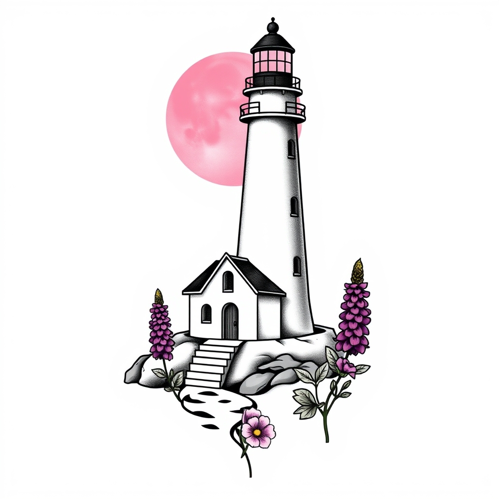 A tattoo design of  lighthouse beside a chapel with a  pink moon an purple lupines   in the style of traditional. - landscapes tattoo design generated by AI tattoo generator