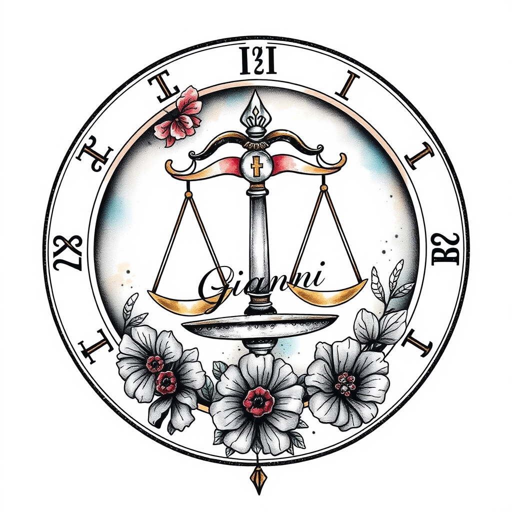 A tattoo design of  tattoo detailed libra zodiac with "Gianni" in it in the style of watercolor. - zodiac symbol tattoo design generated by AI tattoo generator