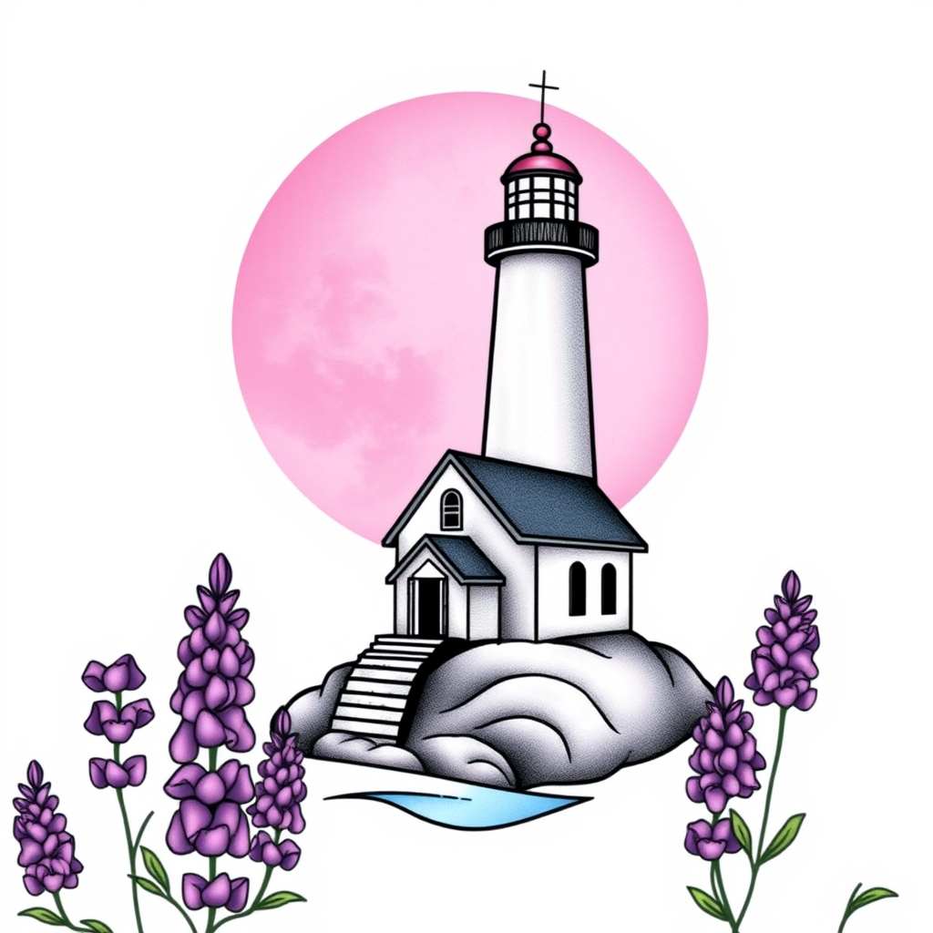 A tattoo design of lighthouse beside a chapel with a pink moon an purple lupines in the style of geometric. - landmarks and nature tattoo design generated by AI tattoo generator
