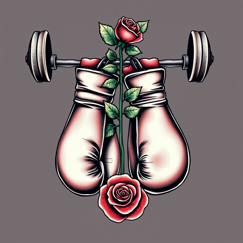 A tattoo design of Pair of boxing gloves hanging on a barbell with a single rose in the style of realistic. - boxing equipment tattoo design generated by AI tattoo generator