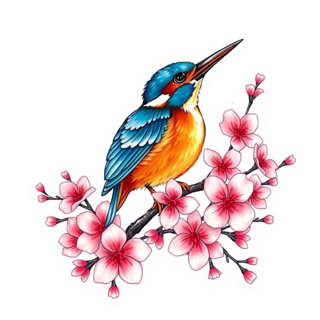A tattoo design of Flying blue and orange kingfisher suroounded by large quantity of pink cherry blossoms in the style of abstract. - birds and flowers tattoo design generated by AI tattoo generator