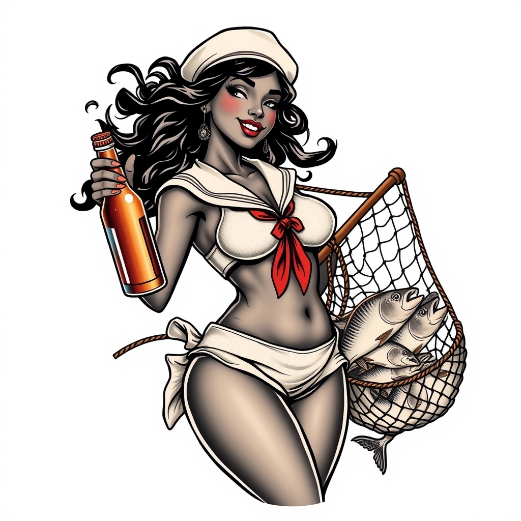 A tattoo design of A dark black woman winking with large bottom in a sailor outfit with a beer bottle hauling a net full of fish sailor jerry style in the style of traditional. - pin up girl tattoo design generated by AI tattoo generator