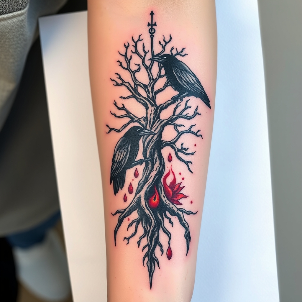 A tattoo design of feminine, odins ravens, yggdrasil, vegvisin, add a little red  Down my arm onto my wrist in the style of abstract. - norse mythology tattoo design generated by AI tattoo generator