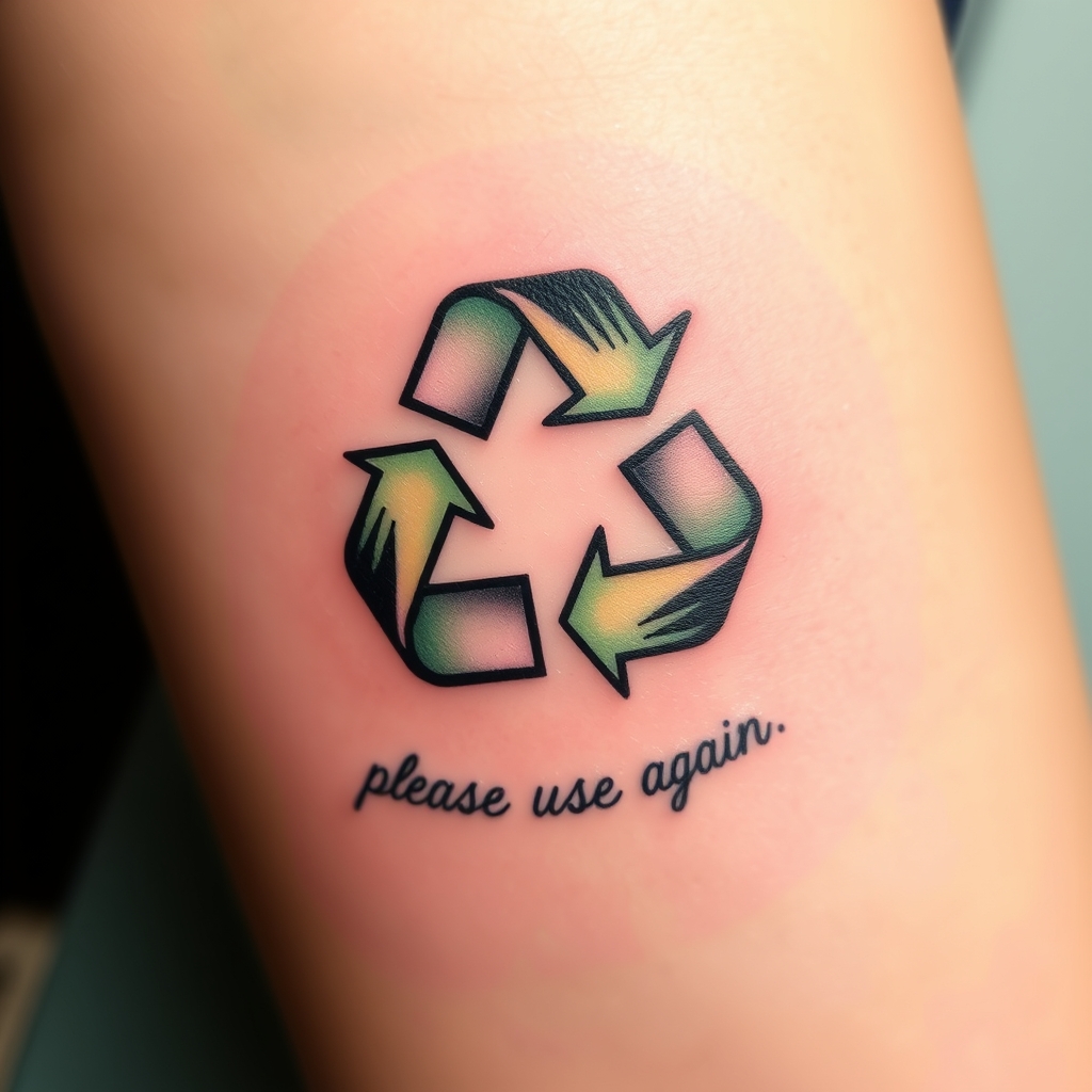 A tattoo design of a "waste recycle" simbol with a "please use me again symbol underneath in the style of abstract. - recycling symbol tattoo design generated by AI tattoo generator