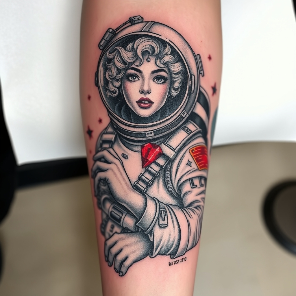 A tattoo design of Photorealistic black and grey space themed tattoo of light curly-haired strong female traveling through space. A bright red ruby, being the only color in yhe tattoo, shines red on her space suit. Include a Houston, Texas reference if possible.  in the style of realistic. - space travel tattoo design generated by AI tattoo generator
