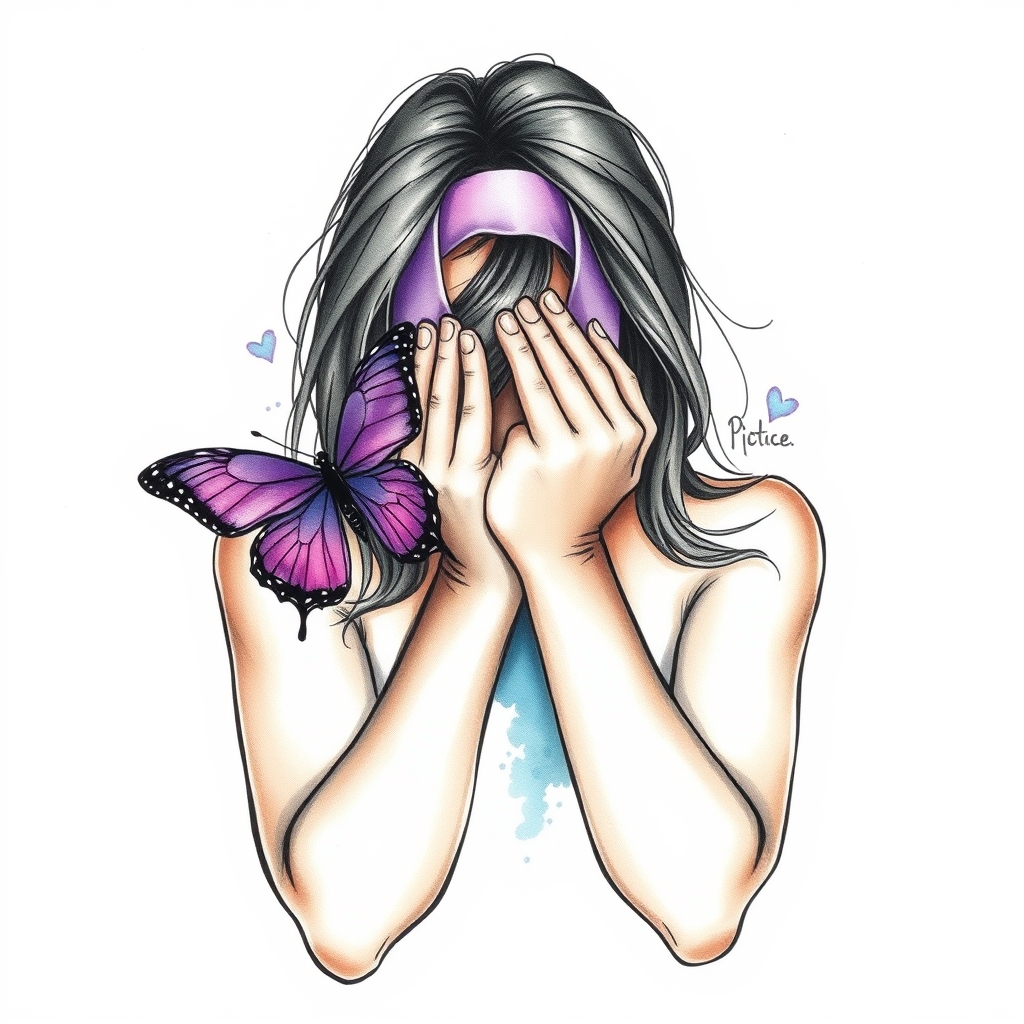 A tattoo design of Domestic violence ribbon awareness inclined together with a purple butterfly as a women hunched over her hands overing her face in the style of watercolor. - domestic violence awareness tattoo design generated by AI tattoo generator