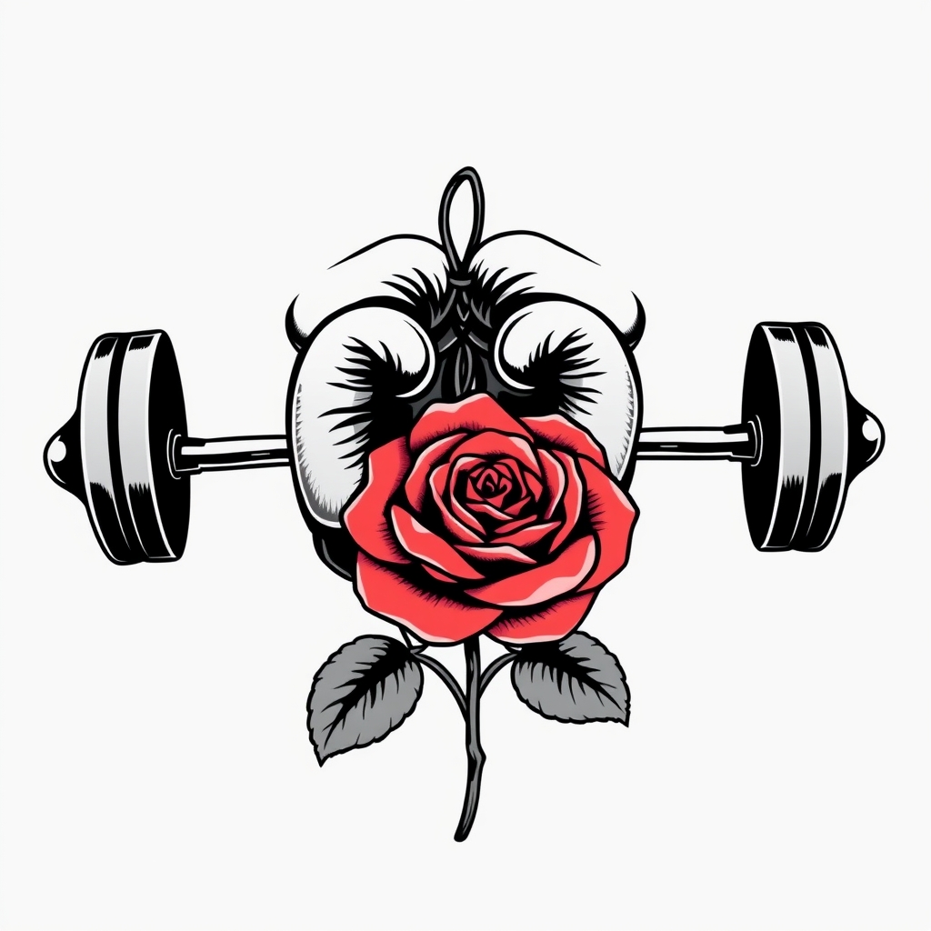 A tattoo design of A pair of boxing gloves, a weight barbell, and one rose in the style of realistic. - sports equipment tattoo design generated by AI tattoo generator