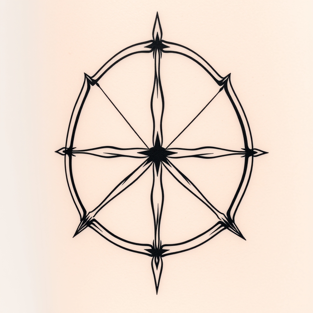 A tattoo design of three interlocking longbows spiraling from a center point similar to a triskelion in the style of traditional. - archery symbols tattoo design generated by AI tattoo generator