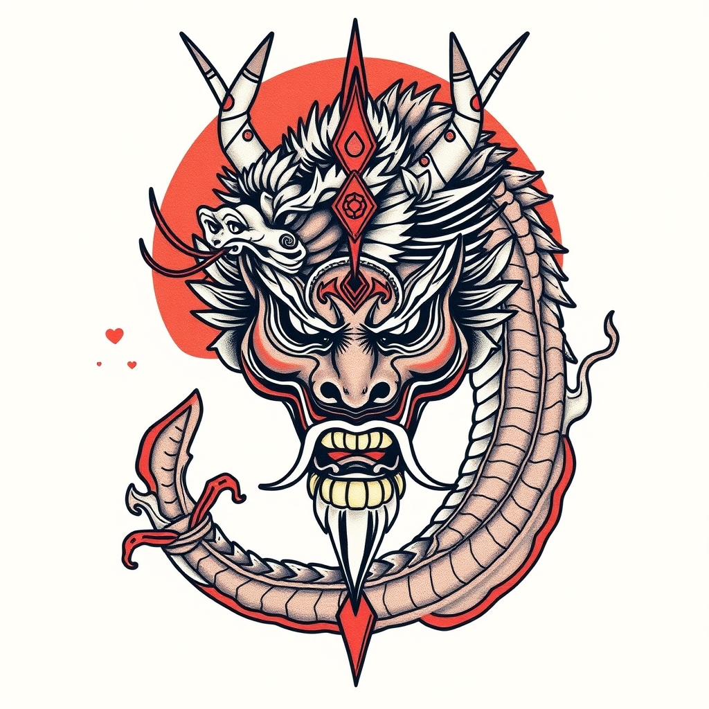 A tattoo design of Dragon,Libra goddness,oni mask in the style of japanese. - mythology tattoo design generated by AI tattoo generator