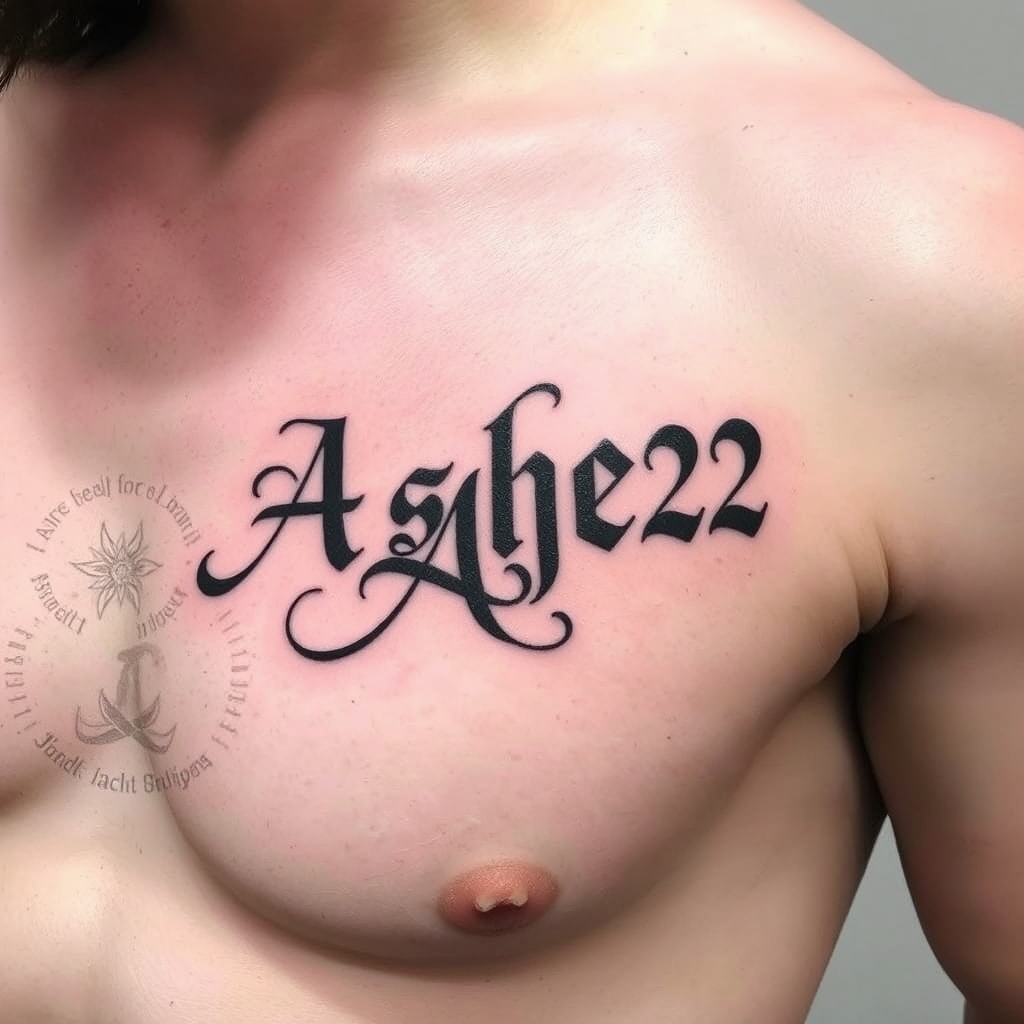 A tattoo design of Words "Ashes 222 Ashes" on left pectoralis in the style of blackwork. - words and numbers tattoo design generated by AI tattoo generator