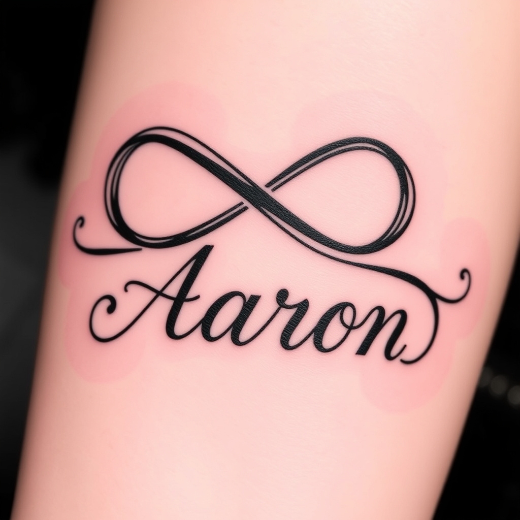 A tattoo design of Infinity symbol with the name Aaron in the style of blackwork. - symbol tattoo design generated by AI tattoo generator