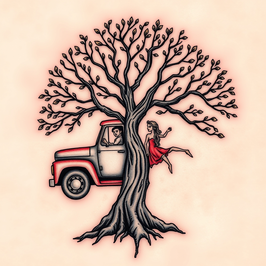 A tattoo design of A jarcanda tree with Jamie and Serena incorporated in the truck and Ashlin Joseph and Elih incorporated in the branches in the style of realistic. - tree with names tattoo design generated by AI tattoo generator