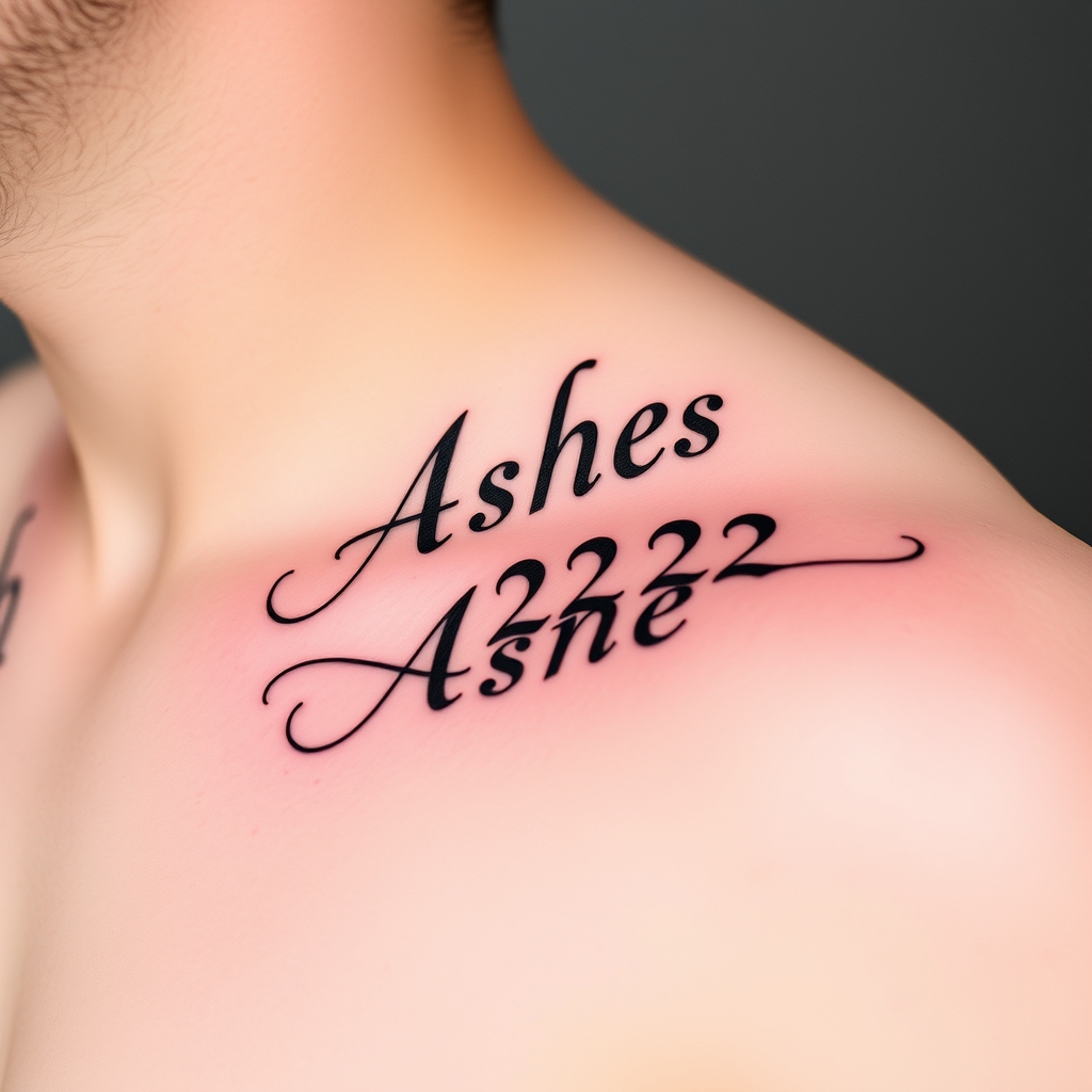 A tattoo design of Words "Ashes 222 Ashes" on left pectoralis in the style of minimalist. - tattoo text tattoo design generated by AI tattoo generator