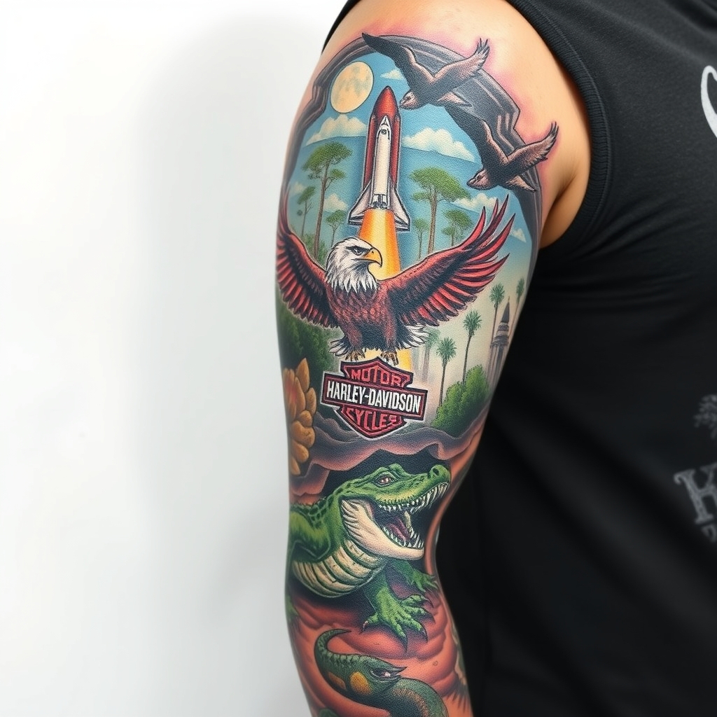 A tattoo design of Right arm full sleeve with the upper containing Harley Davidson theme with eagles mixed with the lower of Florida cypress swamp theme with alligator and space shuttle launch in the background in the style of realistic. - motorcycle and florida wildlife tattoo design generated by AI tattoo generator