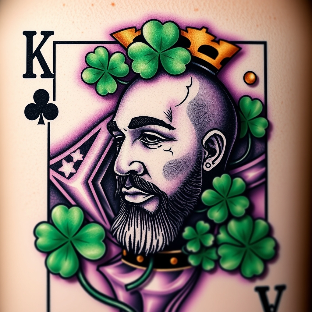 A tattoo design of I would like a 3 dimensional photo realistic playing card, an African American king of 4 leaf clovers, with black, green, and purple ink, maybe some white ink for highlighting. NO red ink. in the style of surrealistic. - playing cards tattoo design generated by AI tattoo generator