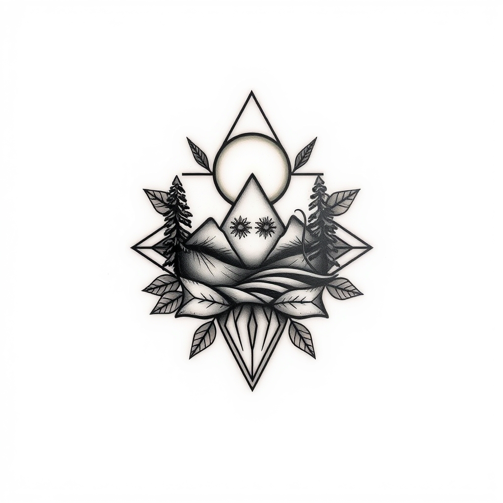 A tattoo design of Nature in the style of geometric. - what is the tattoo description? tattoo design generated by AI tattoo generator