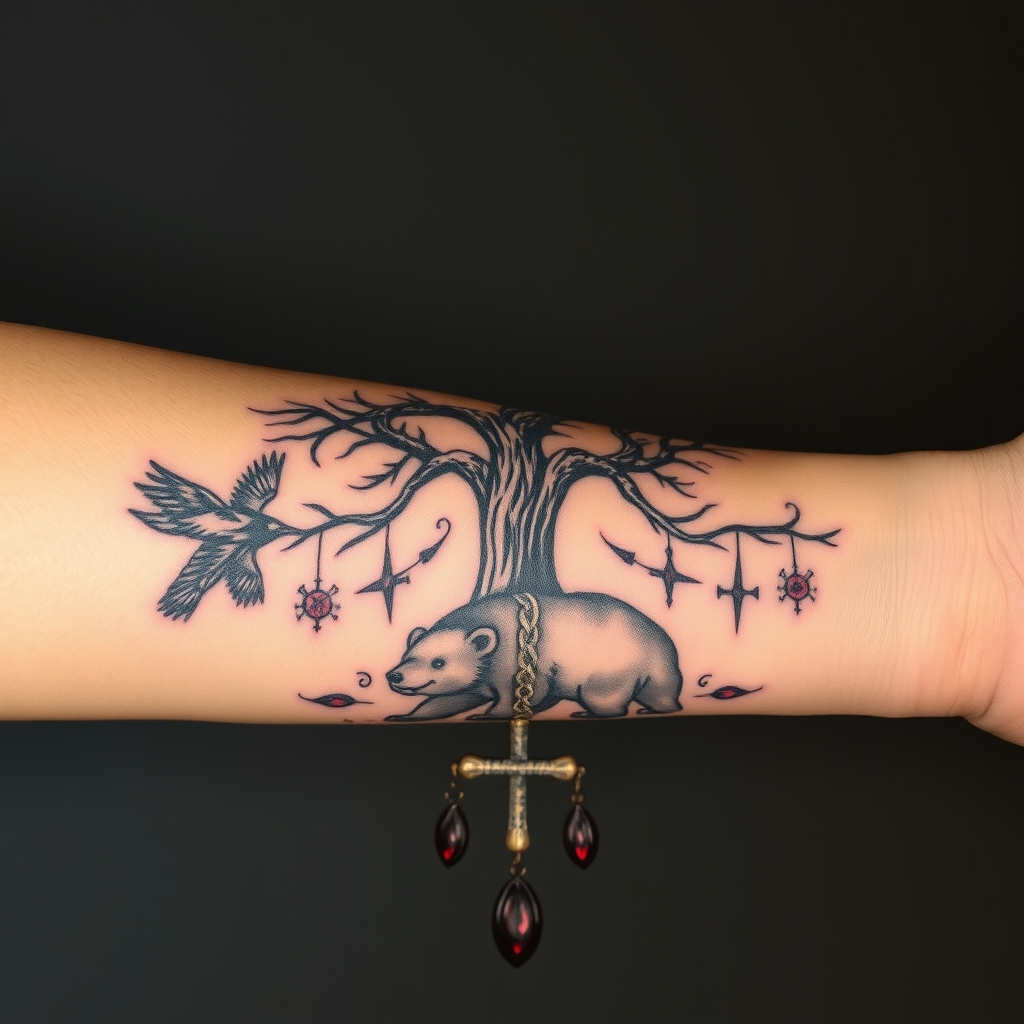 A tattoo design of feminine, odins ravens, wyrd, yggdrasil, vegvisin, valknut, troll cross and bear, add a little red Down my arm onto my wrist in the style of surrealistic. - norse mythology tattoo design generated by AI tattoo generator