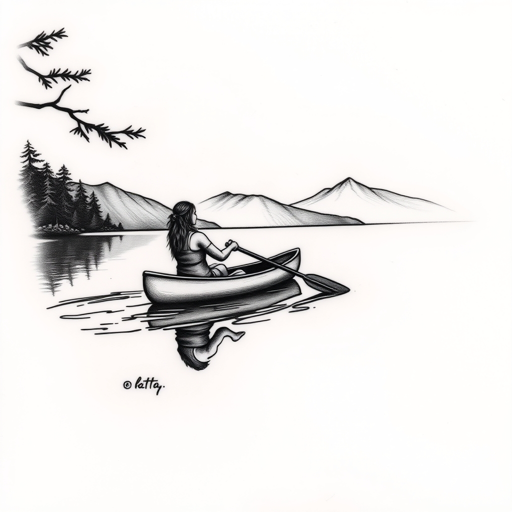 A tattoo design of Woman paddling a canoe on lake Coniston  in the style of blackwork. - water sports tattoo design generated by AI tattoo generator