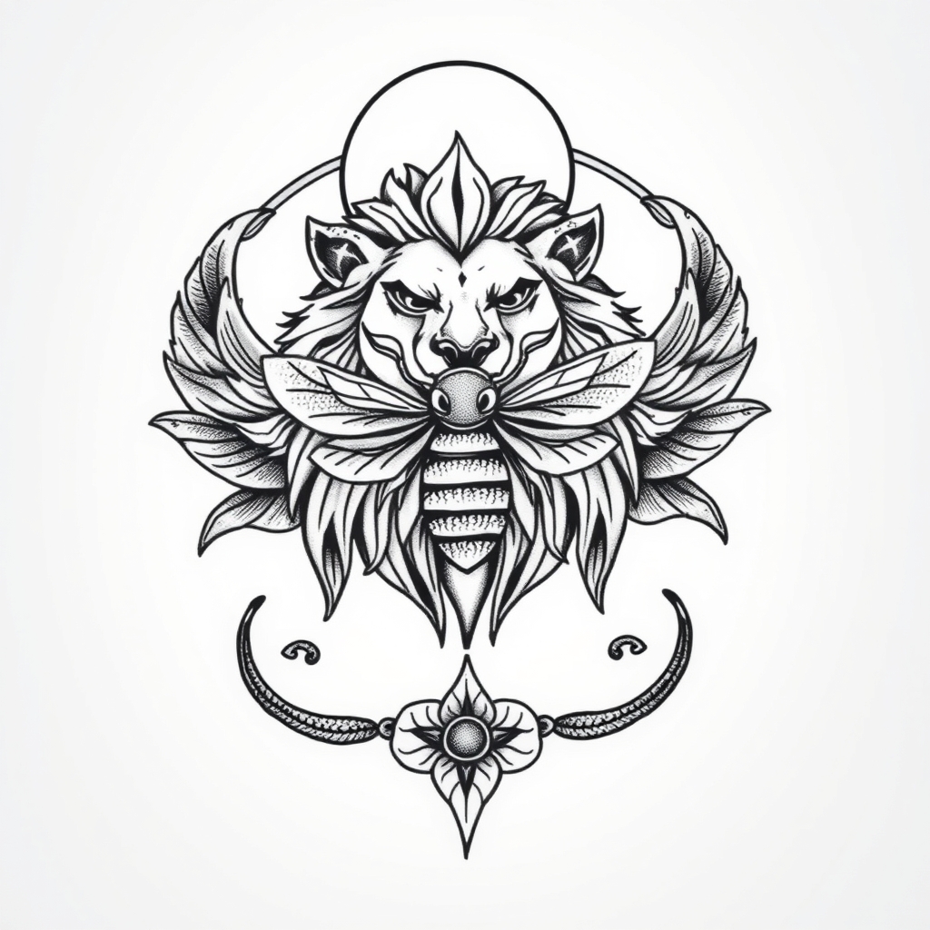 A tattoo design of Lion, bee, moon, lotus in the style of traditional. - animals and symbols tattoo design generated by AI tattoo generator