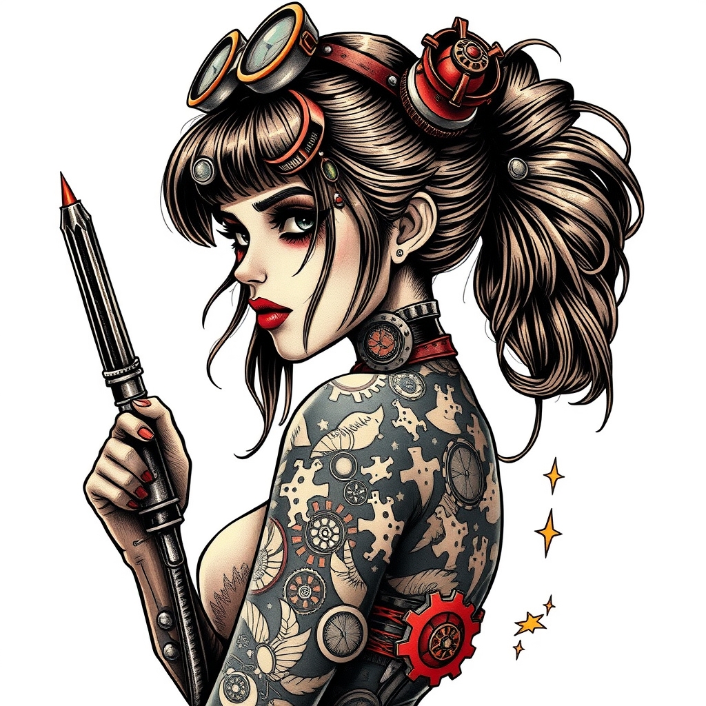 A tattoo design of Steampunk girl who is dangerous in the style of realistic. - steampunk tattoo design generated by AI tattoo generator