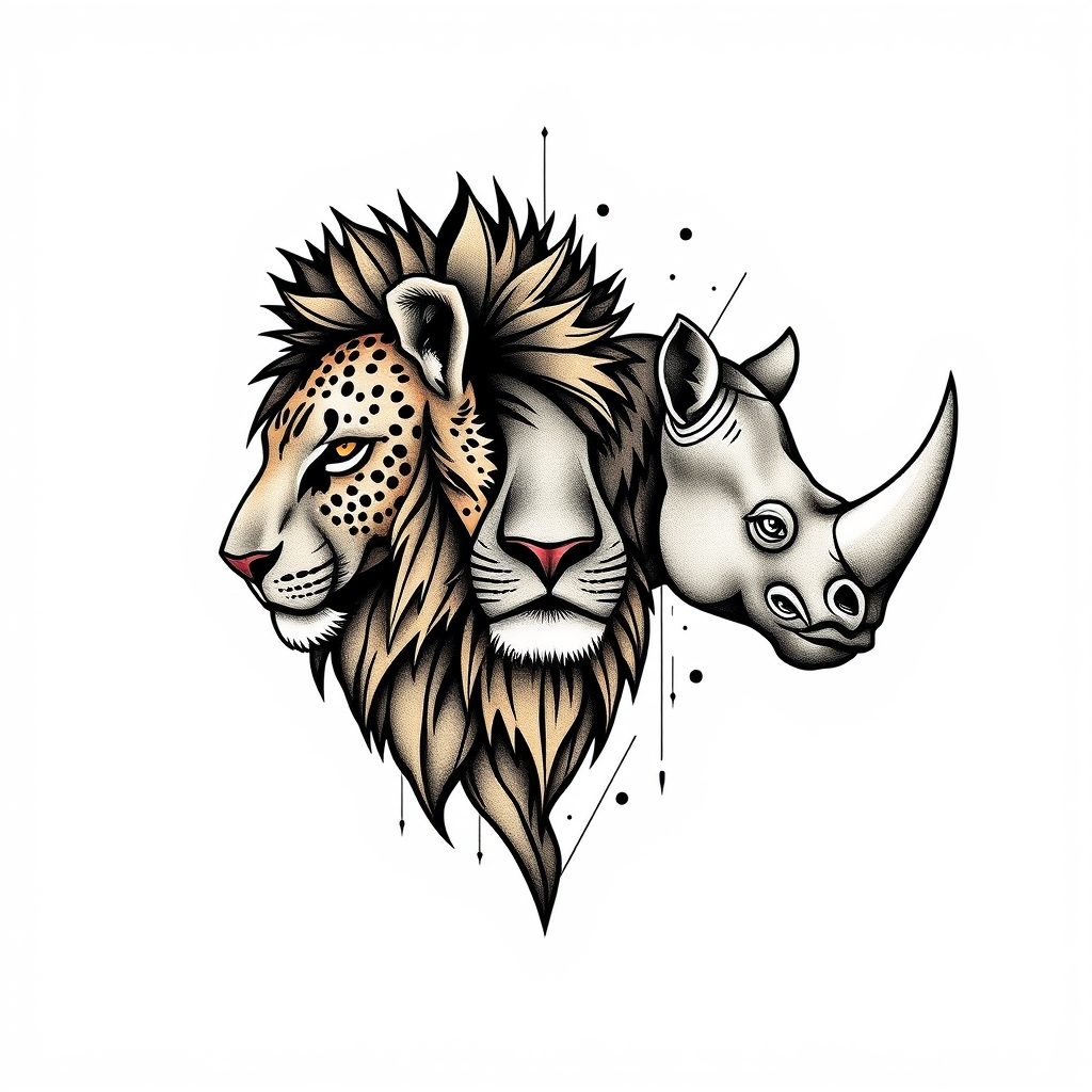 A tattoo design of africa lion cheetah rhino in the style of geometric. - wildlife tattoo design generated by AI tattoo generator
