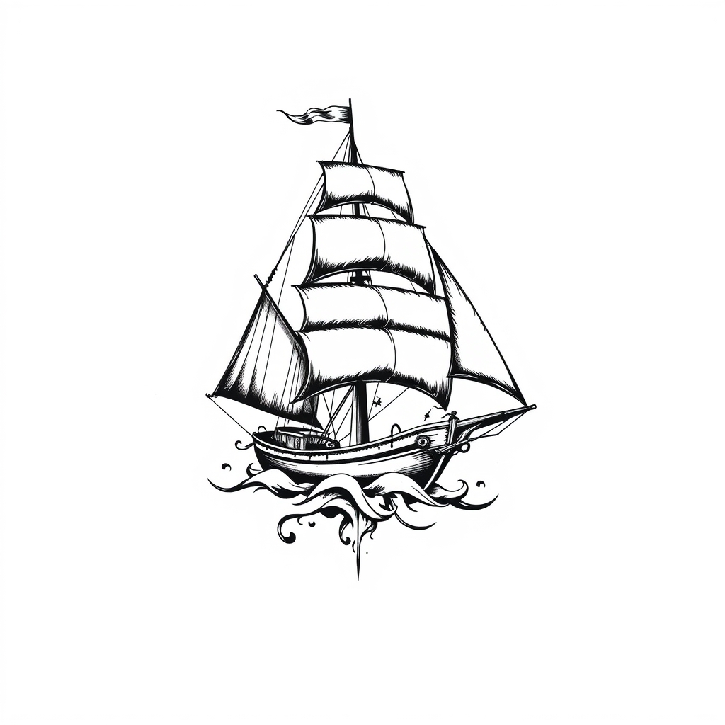 A tattoo design of sail ship vintage tattoo on white background in the style of blackwork. - sail ship tattoo tattoo design generated by AI tattoo generator