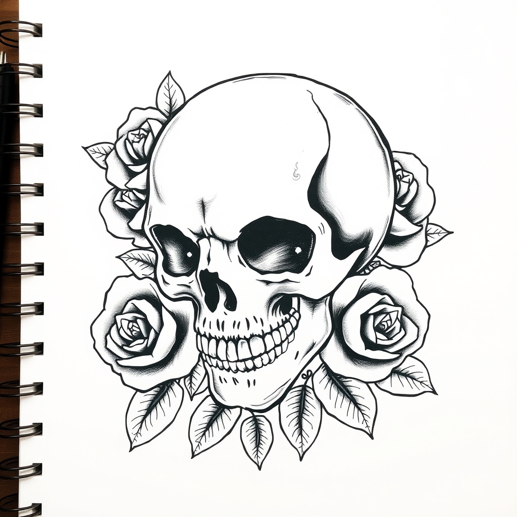 A tattoo design of CUBONE SKULL WITH ROSES in the style of traditional. - skull with flowers tattoo design generated by AI tattoo generator