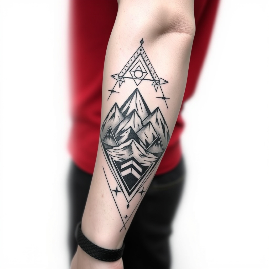 A tattoo design of Long Masculine peruvian tattoo for a forearm with mountains in the style of geometric. - peruvian mountains tattoo design generated by AI tattoo generator