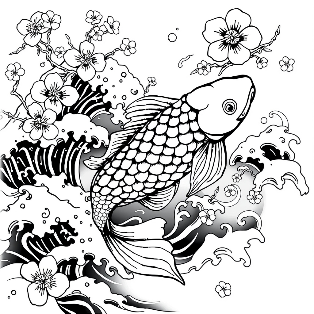 A tattoo design of > “Traditional black-and-white Japanese irezumi tattoo illustration featuring a powerful koi fish swimming upstream through swirling waves, surrounded by floating cherry blossoms and drifting smoke. Every element is composed with bold black outlines and finely detailed linework—especially the koi’s individual scales, the wave crests, and the blossom petals. The design emphasizes fluid motion and symbolic meaning, while remaining entirely monochrome with no grayscale or fill. Space is preserved at either the top or bottom corner for handwritten or printed quotes. Designed specifically as high-resolution black line art for adult coloring books.” in the style of realistic. - japanese irezumi tattoo tattoo design generated by AI tattoo generator