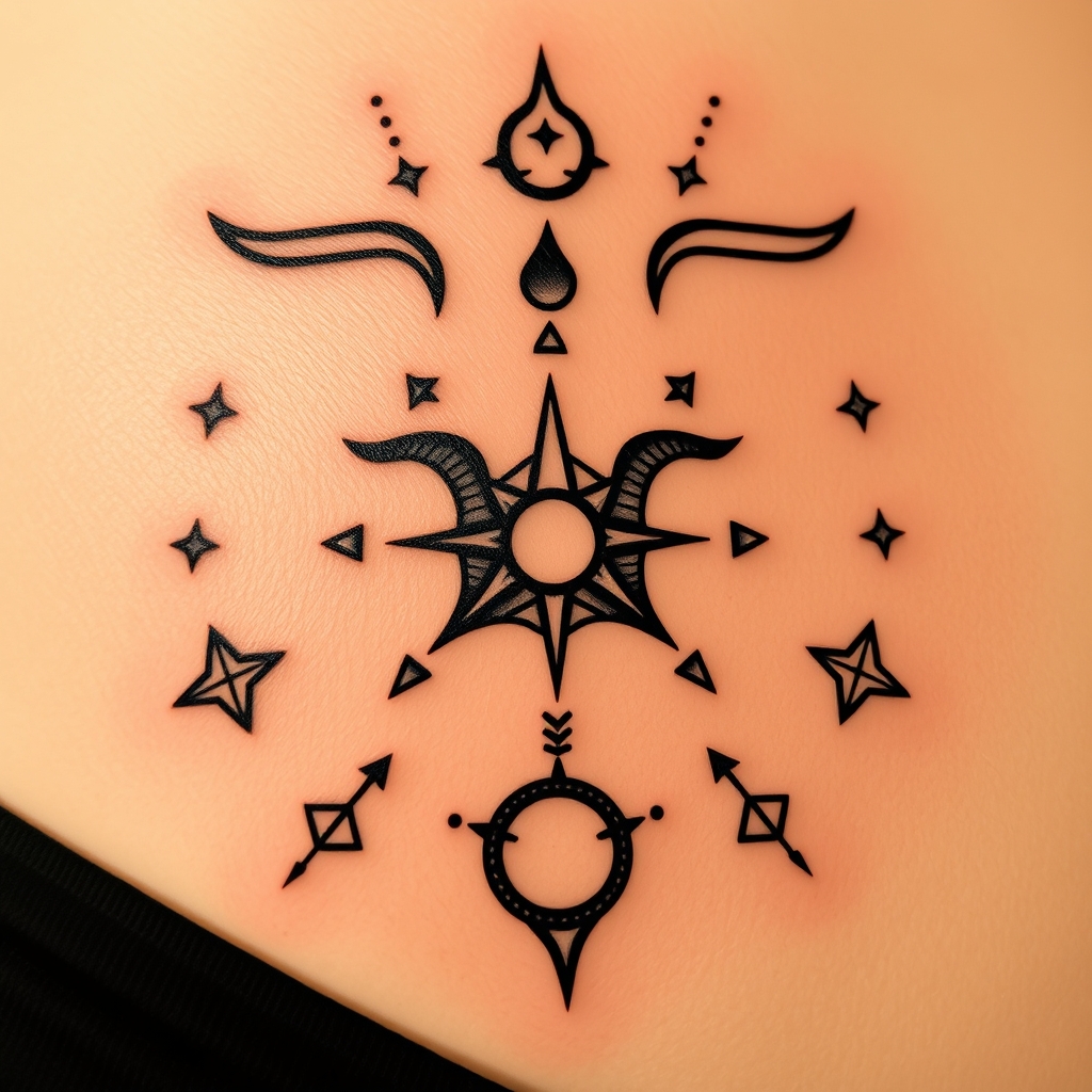 A tattoo design of Incorporate the Swahili symbol for hakuna matata, gemini zodiac sign or constellation, and symbols of Alan watts teachings such as universal consciousness and letting go of ego in the style of realistic. - spiritual symbols tattoo design generated by AI tattoo generator