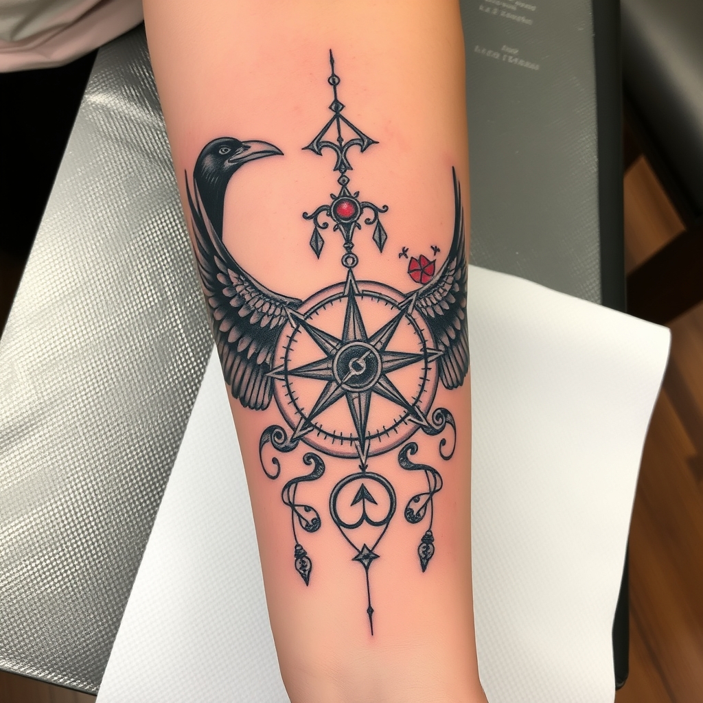 A tattoo design of feminine, odins ravens, yggdrasil, viking compass add a little red  Down my arm onto my wrist in the style of surrealistic. - norse mythology tattoo design generated by AI tattoo generator
