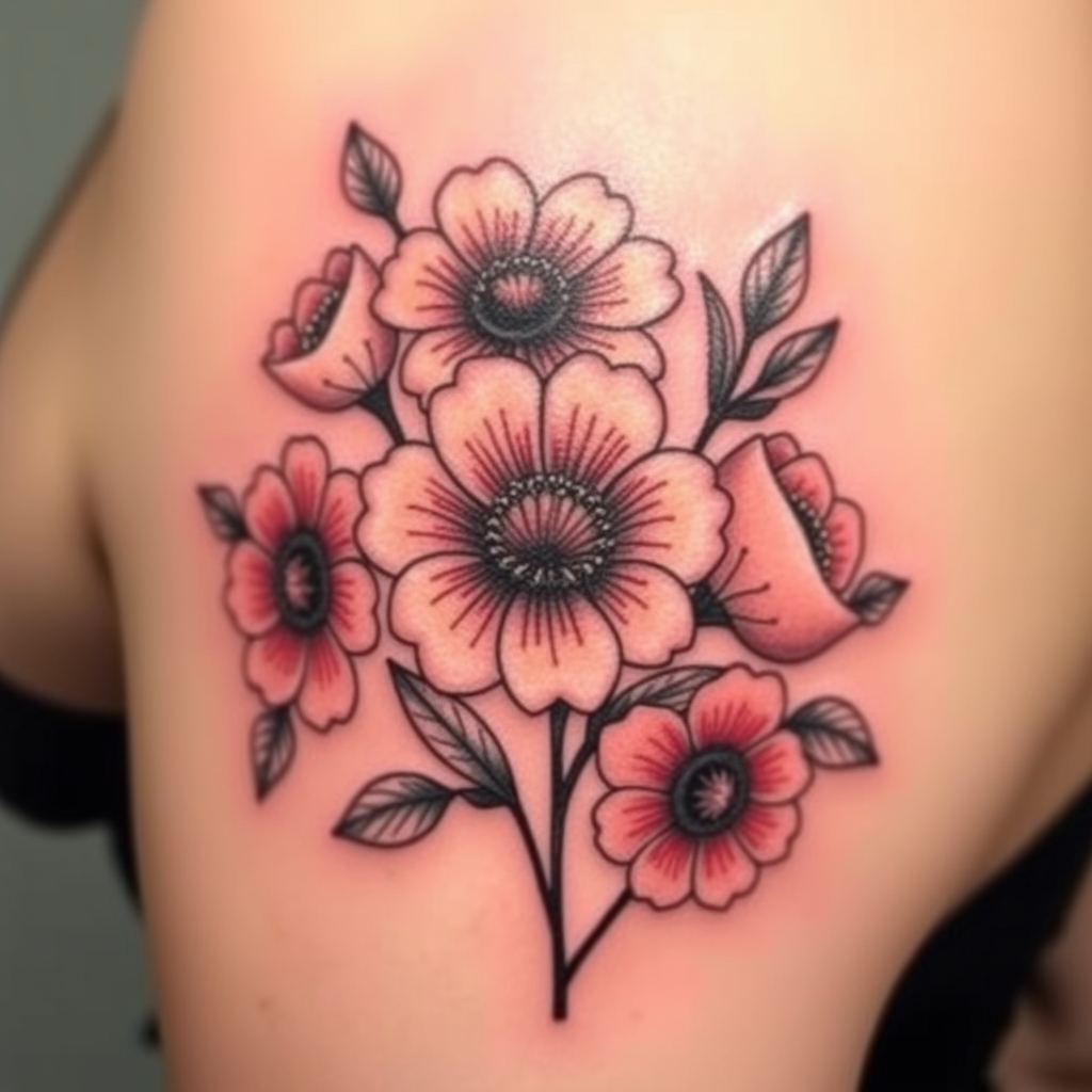 A tattoo design of February August an December birth flowers  in the style of realistic. - birth flowers tattoo design generated by AI tattoo generator