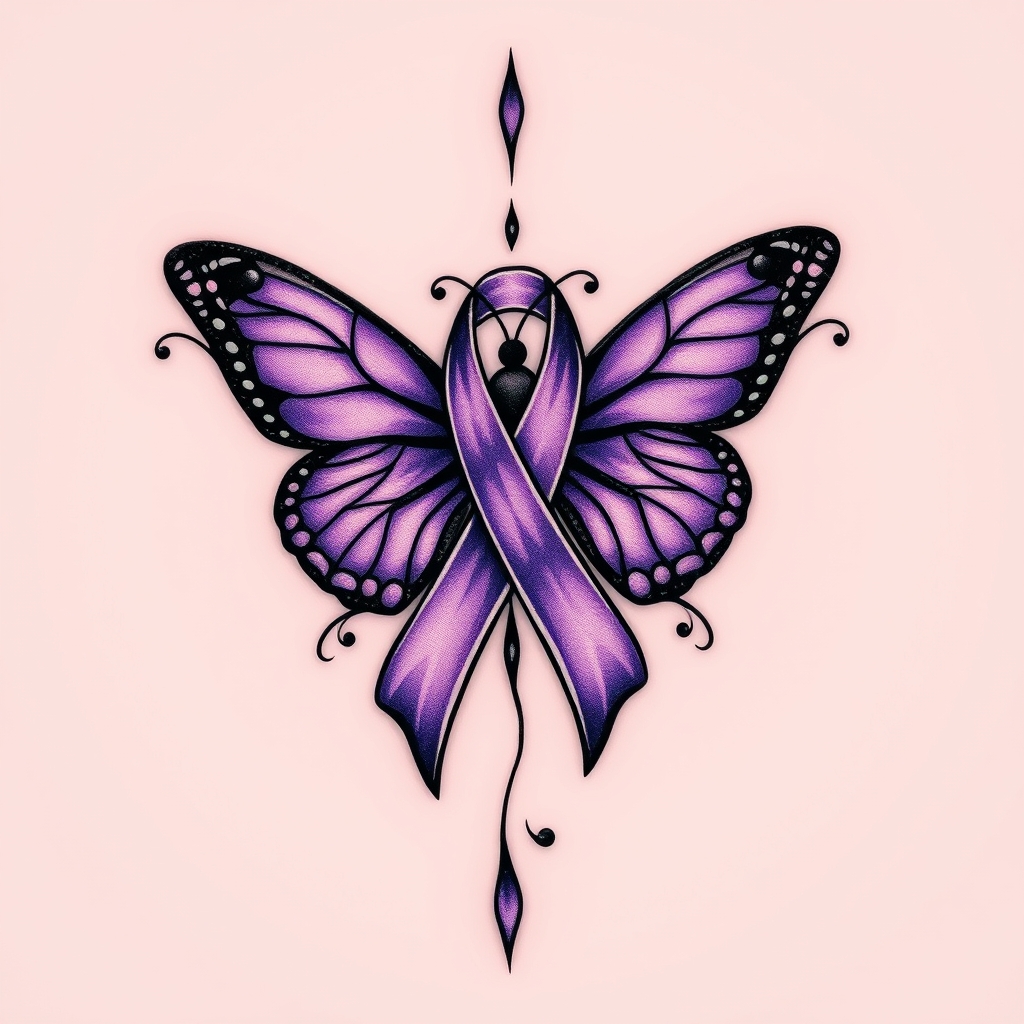 A tattoo design of  crying with the domestic awareness ribbon with a purple butterfly entwined together in the style of tribal. - awareness ribbon tattoo design generated by AI tattoo generator