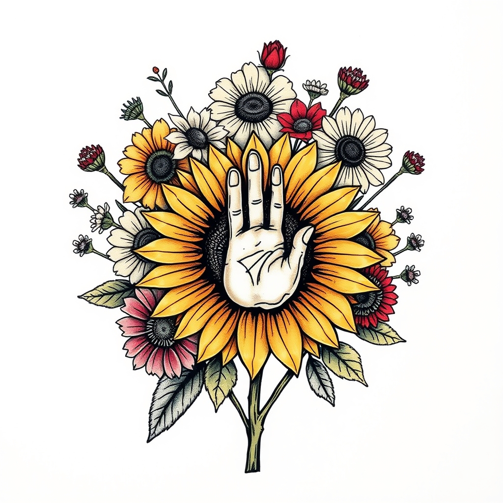 A tattoo design of Bunch of wild flower with a handprint in center of a sunflower in the style of realistic. - flowers tattoo design generated by AI tattoo generator