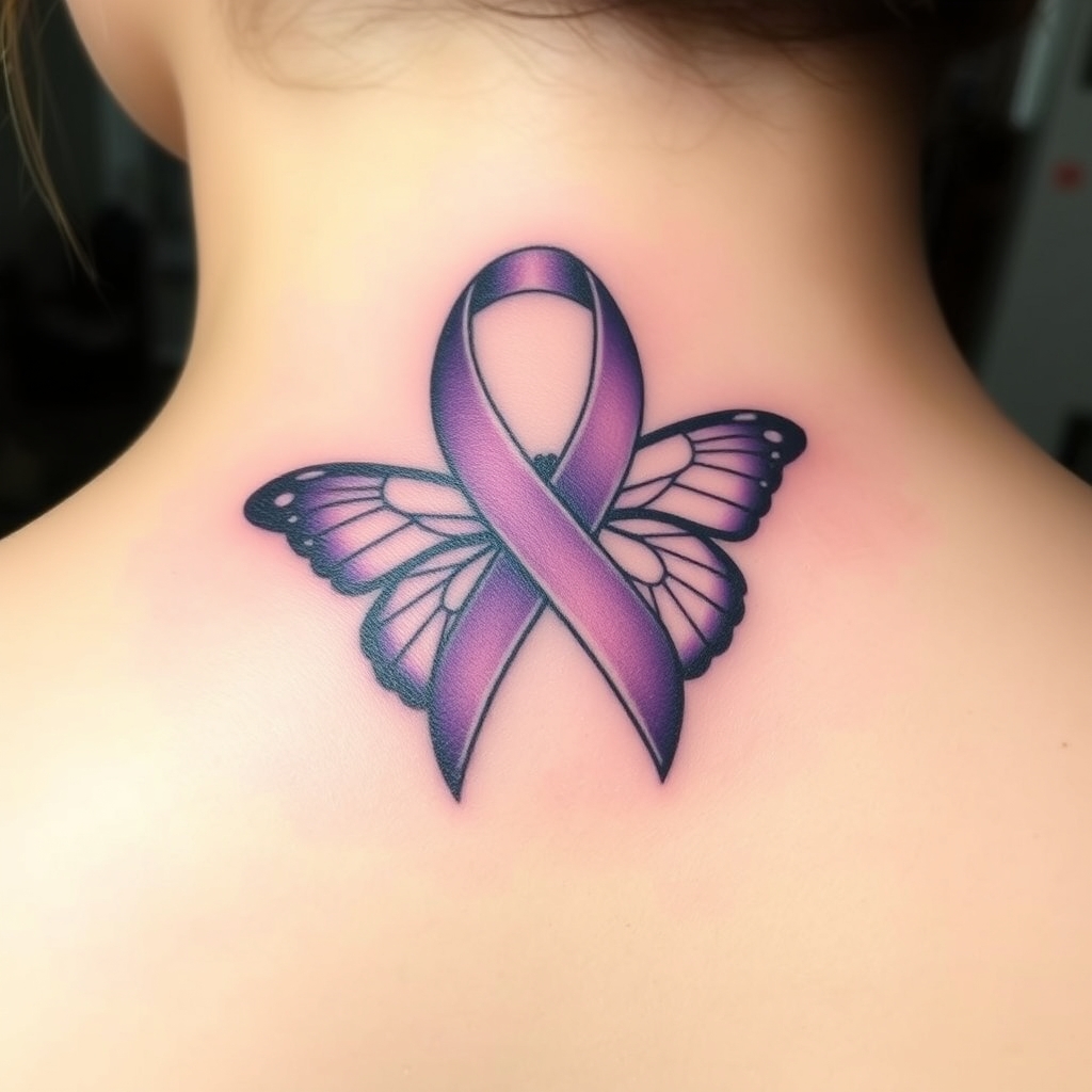 A tattoo design of Domestic violence ribbon awareness inclined together with a purple butterfly in the style of minimalist. - awareness ribbon tattoo design generated by AI tattoo generator