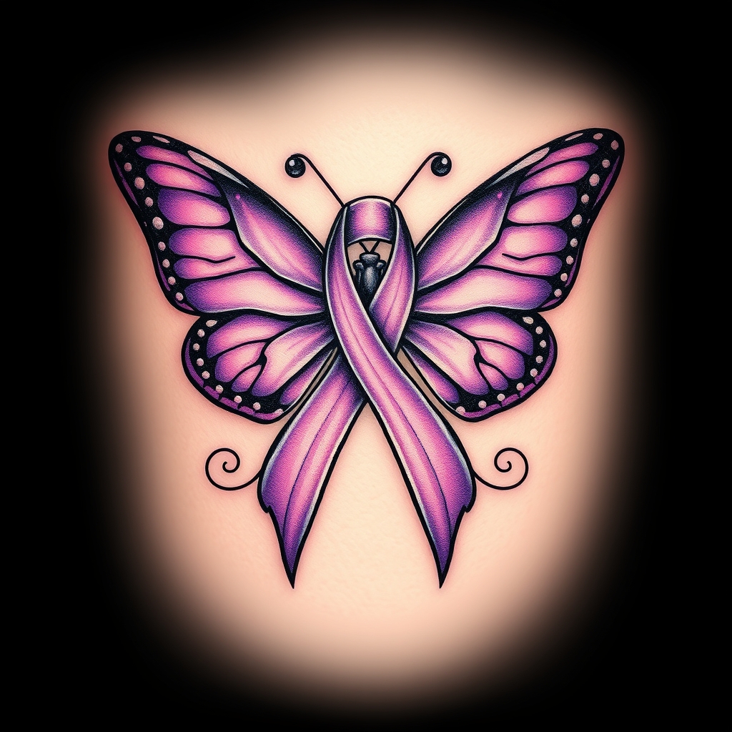 A tattoo design of  crying with the domestic awareness ribbon with a purple butterfly entwined together in the style of tribal. - awareness ribbon tattoo design generated by AI tattoo generator