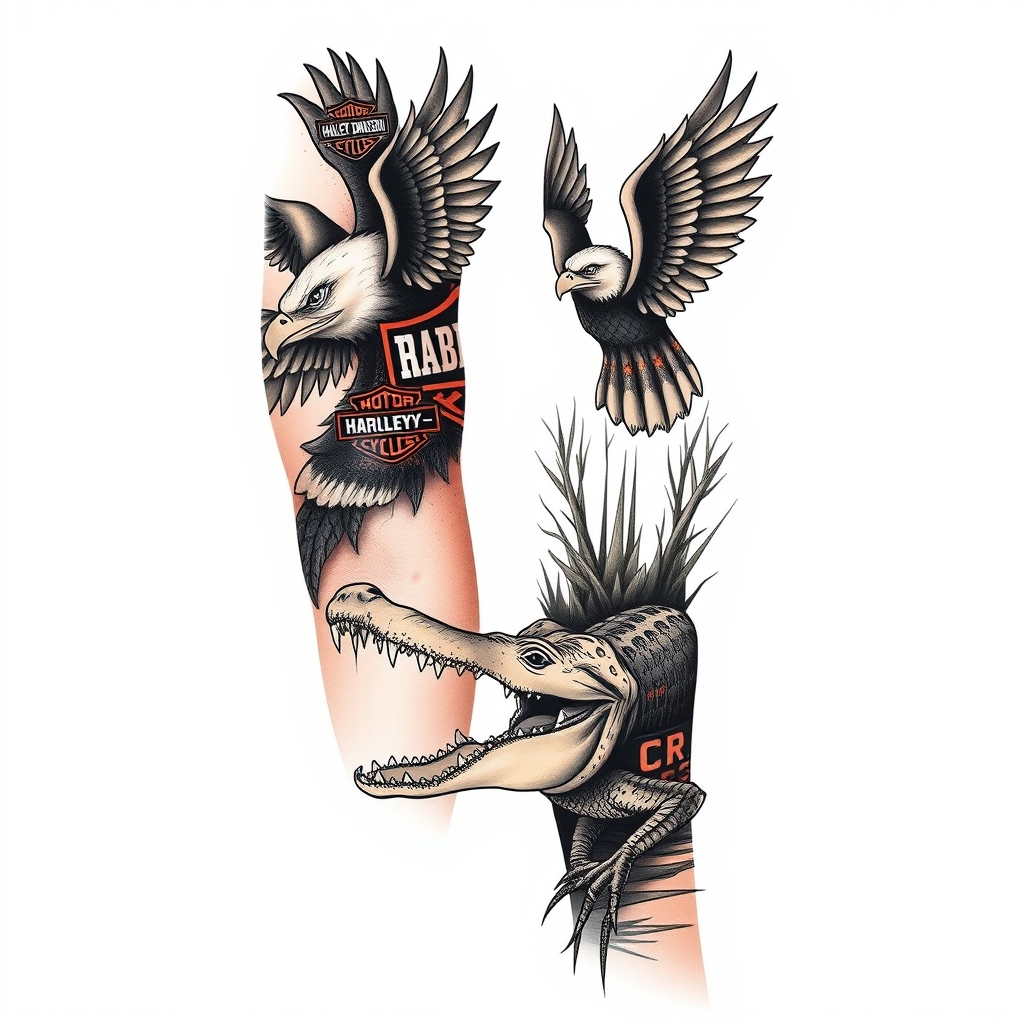 A tattoo design of Right arm full sleeve with the upper containing Harley Davidson theme with eagles mixed with the lower of Florida swamp theme with alligator in the style of realistic. - motorcycle wildlife tattoo design generated by AI tattoo generator