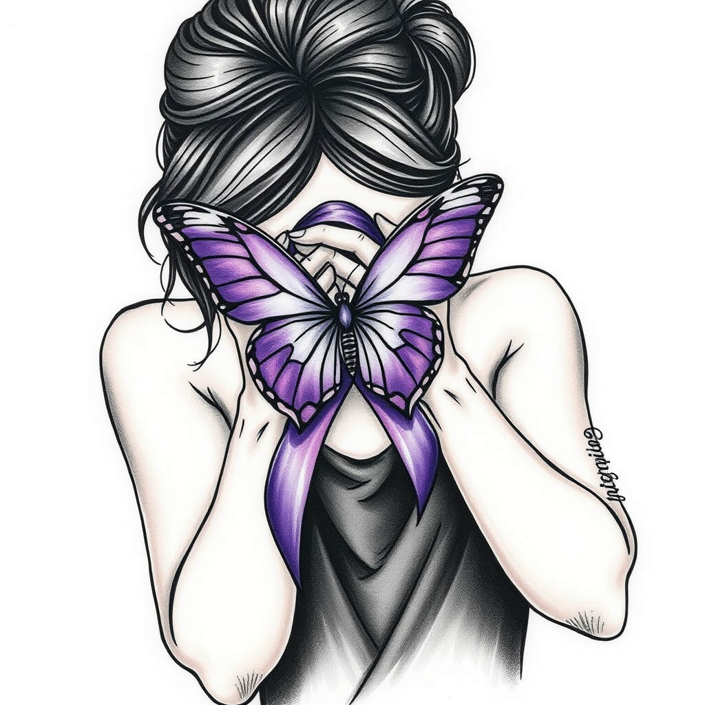 A tattoo design of Domestic violence ribbon awareness inclined together with a purple butterfly as a women hunched over her hands overing her face in the style of traditional. - domestic violence awareness tattoo design generated by AI tattoo generator